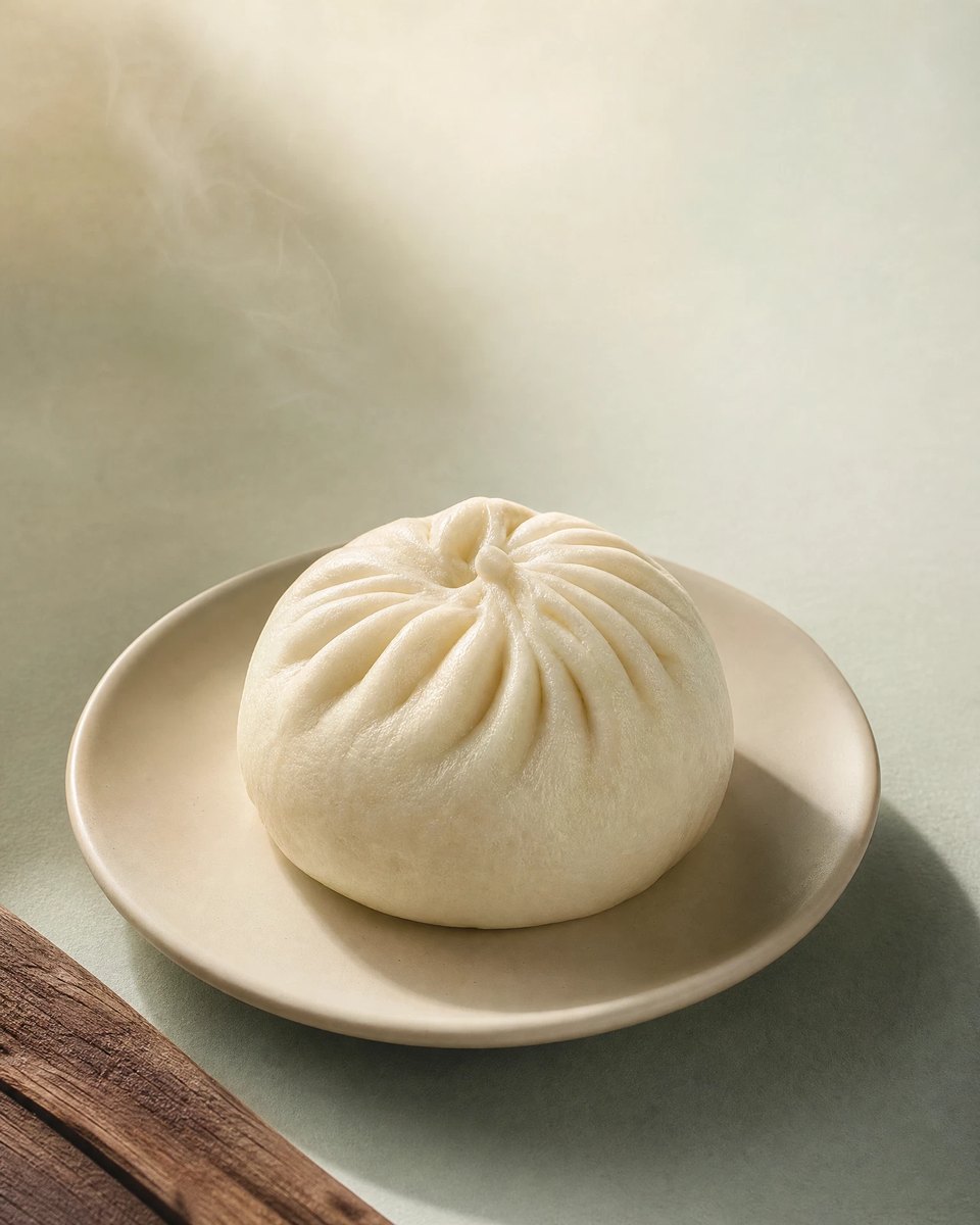 A whole steamed bun photographed on a pale green setting