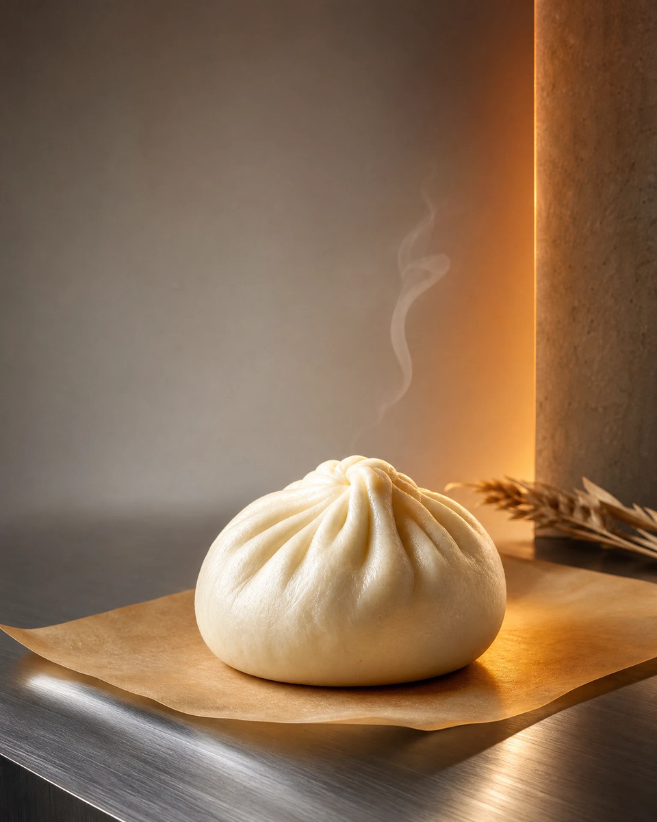A whole steamed bun photographed in warm light with steam rising above it