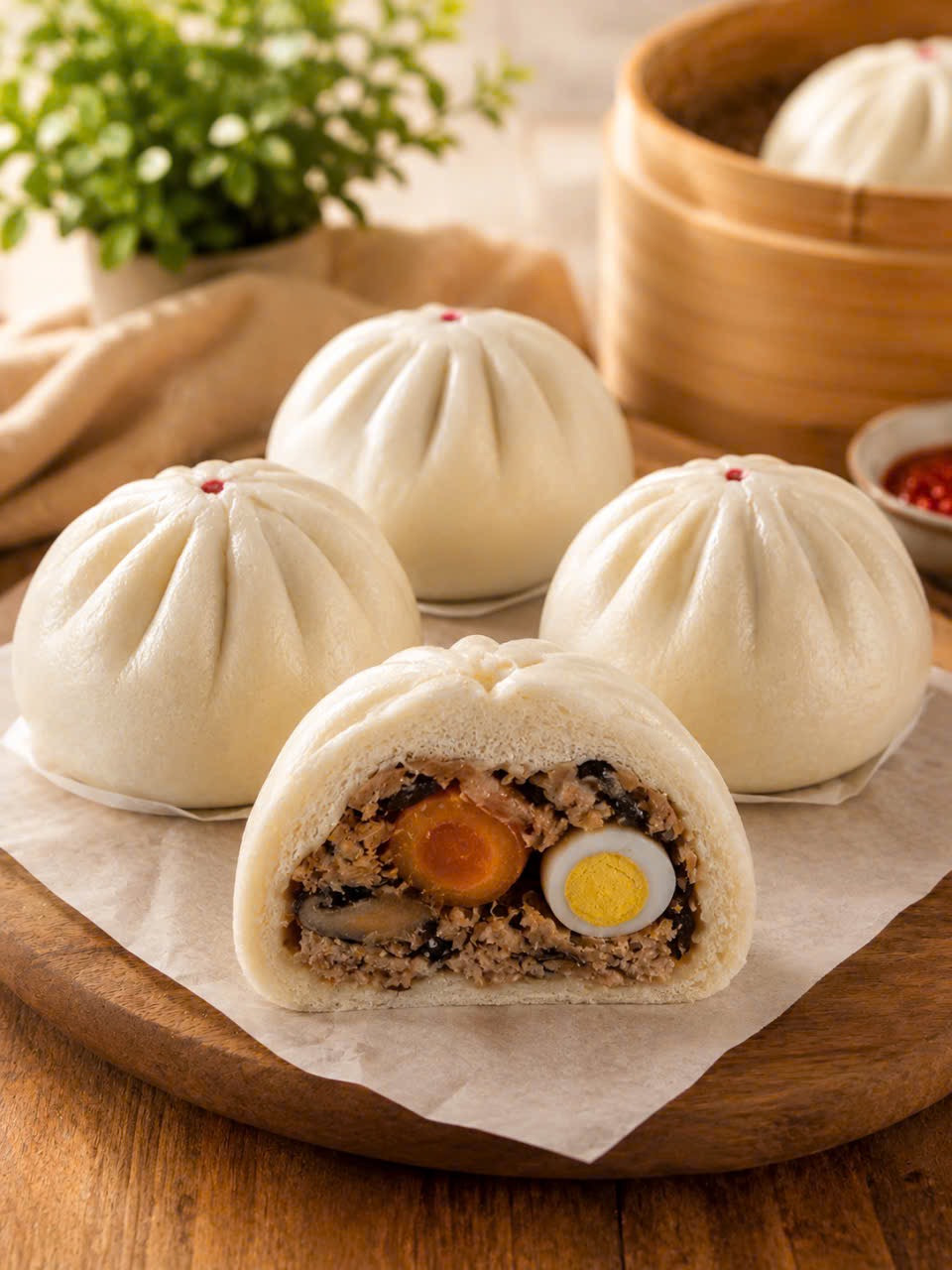 Four steamed buns arranged on a wooden board, with one cut open to show the filling