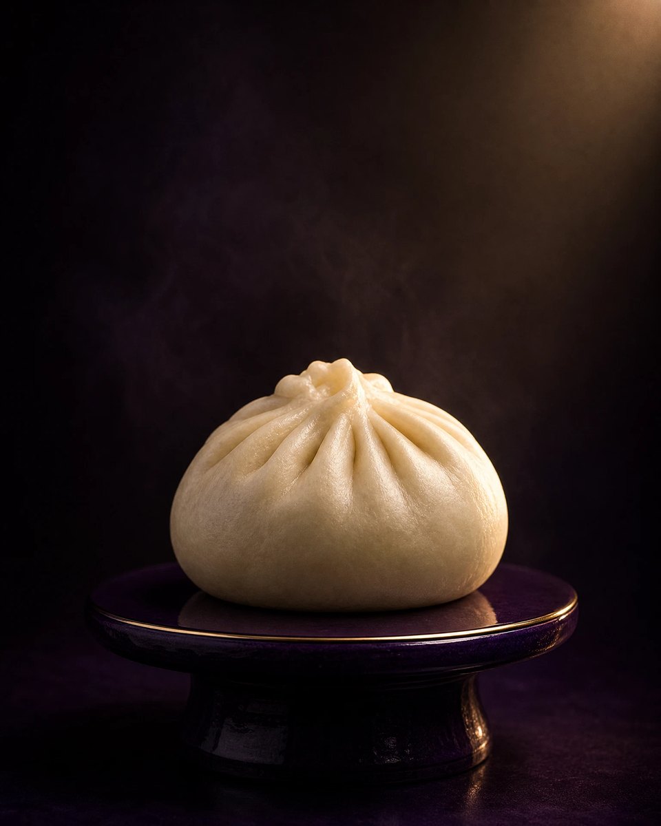 A whole steamed bun photographed on a dark purple pedestal