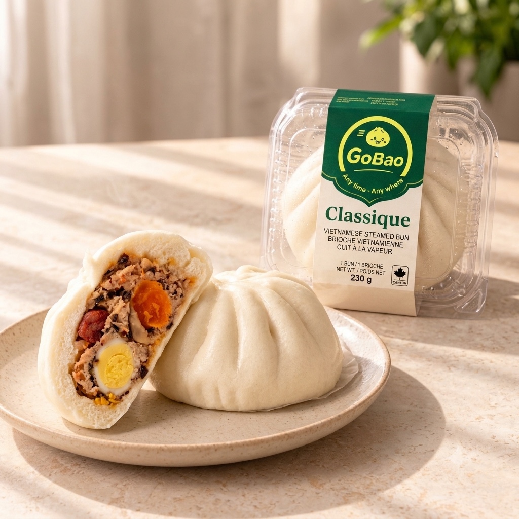 Go Bao Classique bao, whole and cut open on a plate, beside its packaging.