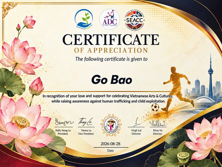 Certificate of Appreciation presented to GoBao by Ao Dai Canada and Better Futures For Kids Foundation on August 28, 2026, for celebrating Vietnamese arts and cultures