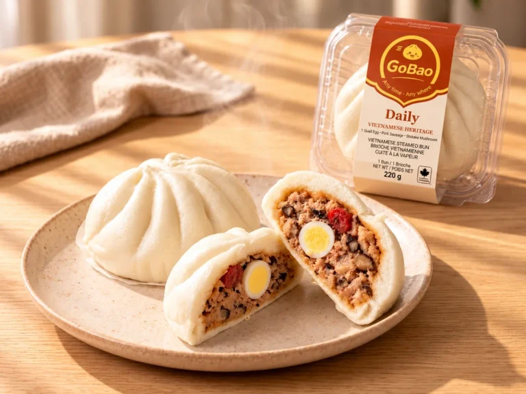 GoBao Daily Vietnamese steamed bun (bánh bao) with quail egg, pork sausage and shiitake mushroom, shown cut open beside its package